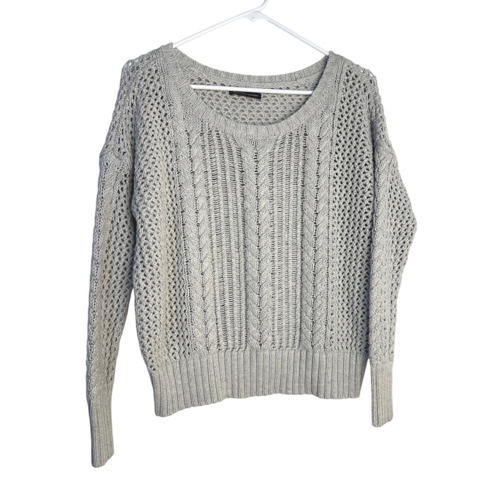 American Eagle Sweater Women Grey Excellent Cable Knit Open Weave Scoop Neck